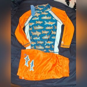 Kids Shark Print Rashguard Set - Orange and Blue